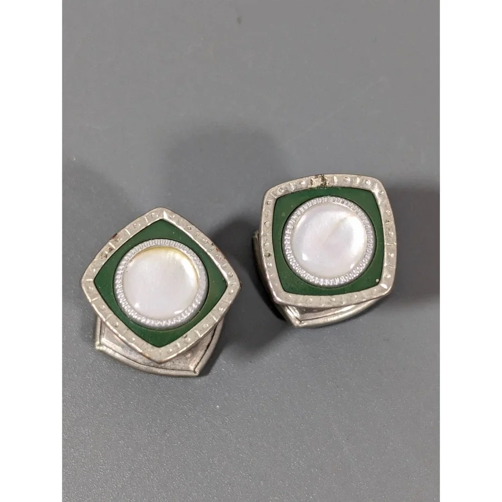 Vintage Green Enamel MOP‎ Round Inlay Square Snap Cufflinks
